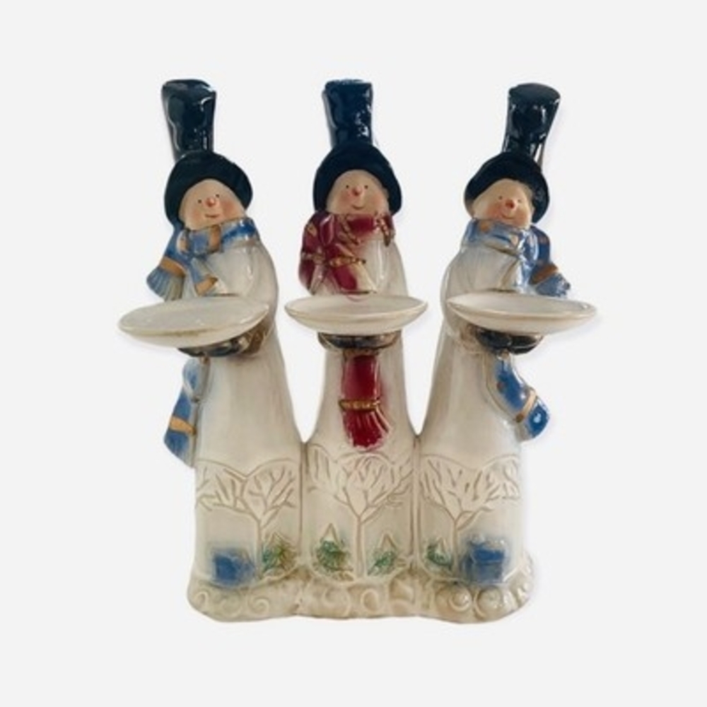 Vintage ELEMENTS Snowmen Trio Candle Holder Ceramic Christmas Tabletop Figurine
